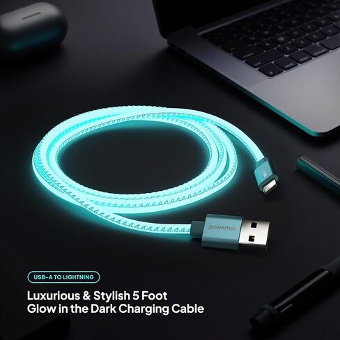 شاحن معتمد من LIQUIPEL Powertek Glow MFi متوافق مع أجهزة Apple iPhone وiPad وكابل 5 أقدام وسلك كابل Lightning إلى USB وكابل Lightning للشحن السريع (أزرق) in Kuwait