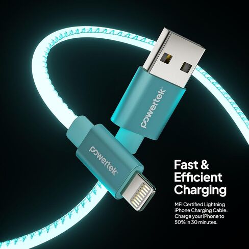 شاحن معتمد من LIQUIPEL Powertek Glow MFi متوافق مع أجهزة Apple iPhone وiPad وكابل 5 أقدام وسلك كابل Lightning إلى USB وكابل Lightning للشحن السريع (أزرق) in Kuwait