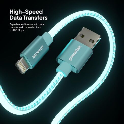 شاحن معتمد من LIQUIPEL Powertek Glow MFi متوافق مع أجهزة Apple iPhone وiPad وكابل 5 أقدام وسلك كابل Lightning إلى USB وكابل Lightning للشحن السريع (أزرق) in Kuwait