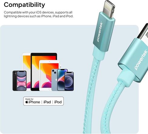 شاحن معتمد من LIQUIPEL Powertek Glow MFi متوافق مع أجهزة Apple iPhone وiPad وكابل 5 أقدام وسلك كابل Lightning إلى USB وكابل Lightning للشحن السريع (أزرق) in Kuwait