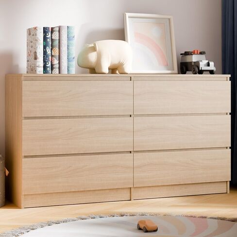 Cozy Castle 6-Drawer Storage Cabinet - 51.9" Wide Dresser with Countertop, Modern Wood Chest with Deep Drawers, Chest of Drawers, Handleless Modern Design for Living Room, Entryway, Hallway (Black) in Saudi Arabia