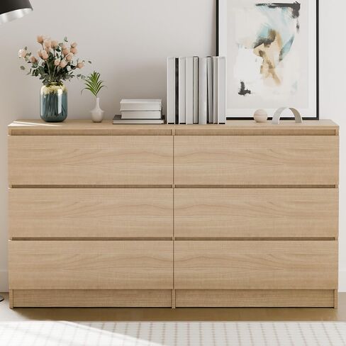 Cozy Castle 6-Drawer Storage Cabinet - 51.9" Wide Dresser with Countertop, Modern Wood Chest with Deep Drawers, Chest of Drawers, Handleless Modern Design for Living Room, Entryway, Hallway (Black) in Saudi Arabia