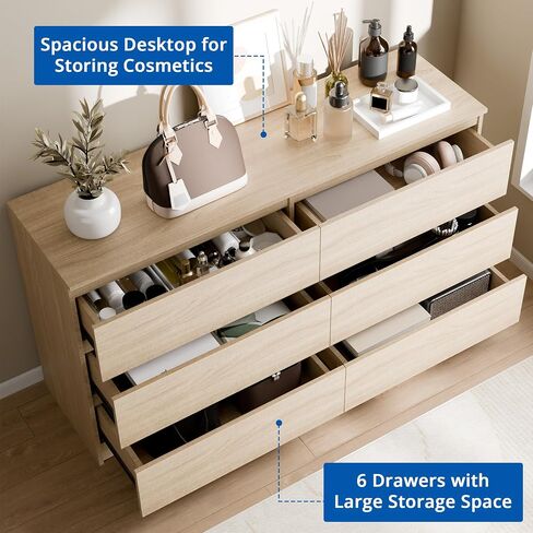 Cozy Castle 6-Drawer Storage Cabinet - 51.9" Wide Dresser with Countertop, Modern Wood Chest with Deep Drawers, Chest of Drawers, Handleless Modern Design for Living Room, Entryway, Hallway (Black) in Saudi Arabia