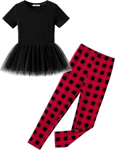 Arshiner Girls 2 Piece Outfits Casual Clothing Sets Short Sleeve Mesh Hem Roundneck Tops and Leggings Pants 2-10 Years in Saudi Arabia