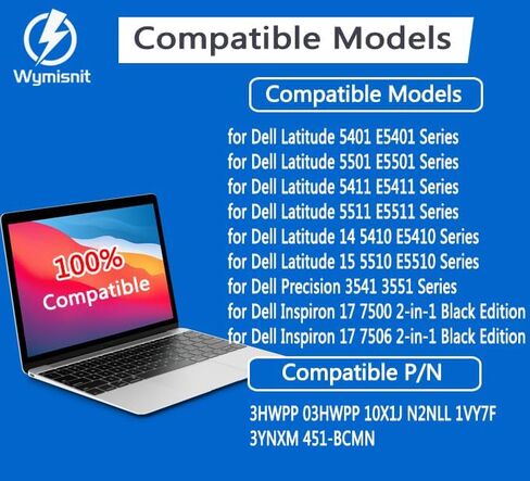 بطارية Wymisnit 68Wh 3HWPP لأجهزة Dell Latitude 5510 5410 5501 5401 5511 5411 الدقة 3541 3551 انسبايرون 7706 2 في 1 انسبايرون 17 7500 7506 2 في 1 أسود 1VY7F 03HWPP 10X1J N2NLL 451 -بي سي إم إن 15.2 فولت in Kuwait