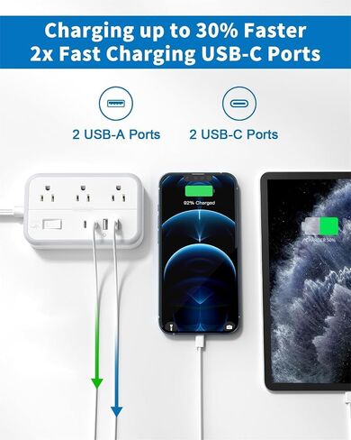 Extension Cord 15 ft, Power Strip with 6 Outlets 4 USB Charger(2 USB C Port), Flat Plug Outlet Extender Long Cord, Protection for Indoor, Home, Office Supplies, Dorm Room Essentials in Kuwait