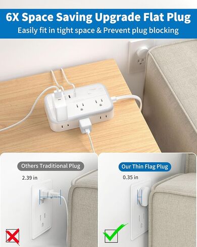 Extension Cord 15 ft, Power Strip with 6 Outlets 4 USB Charger(2 USB C Port), Flat Plug Outlet Extender Long Cord, Protection for Indoor, Home, Office Supplies, Dorm Room Essentials in Kuwait