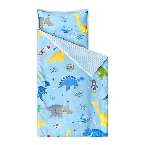 Wake in Cloud - حصيرة قيلولة طفل صغير مع وسادة وبطانية الصوف المنكي ، للأطفال الأولاد في روضة الأطفال في مرحلة ما قبل المدرسة ، حقيبة نوم لفة ، رواد فضاء الديناصورات الصاروخ in Kuwait