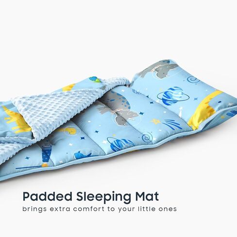 Wake in Cloud - حصيرة قيلولة طفل صغير مع وسادة وبطانية الصوف المنكي ، للأطفال الأولاد في روضة الأطفال في مرحلة ما قبل المدرسة ، حقيبة نوم لفة ، رواد فضاء الديناصورات الصاروخ in Kuwait