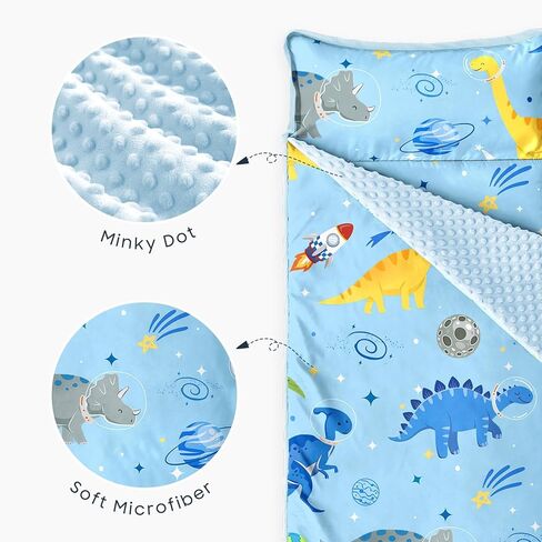 Wake in Cloud - حصيرة قيلولة طفل صغير مع وسادة وبطانية الصوف المنكي ، للأطفال الأولاد في روضة الأطفال في مرحلة ما قبل المدرسة ، حقيبة نوم لفة ، رواد فضاء الديناصورات الصاروخ in Kuwait