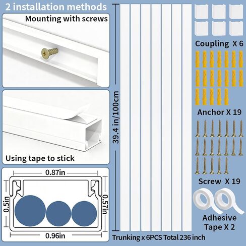 Cord Cover Raceway Kit, 628 in Cable Cover Channel, Paintable Cord Concealer System Cable Hider, Cord Wires, Hiding Wall Mount TV Powers Cords in Home Office, 40 X L15.7in X W0.95in X H0.55in, White in Kuwait