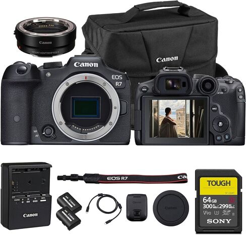 Canon EOS R7 كاميرا بدون مرآة مع عدسة 18-150 ملم | السرعة ، الدقة ، وتنوع المبدعين الهجين (5137C009) + محول Canon EF-EOS R + LP-E6P البطارية + 64 جيجابايت بطاقة + أكثر in Saudi Arabia