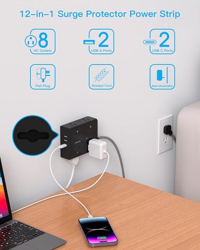 حامي عرام قطاع الطاقة مع USB، 8 منافذ واسعة 4 منافذ USB سلك تمديد 6 أقدام مع قابس مسطح، 3 منافذ حائط موسع USB محطة شحن سطح المكتب للمنزل والمكتب والسفر، 900J in Kuwait