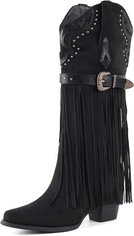 Fancyqueen Fringe Cowboy Boots for Women Wide Calf ، Fashion مدببة إصبع القدم بأحذية Cowgirl Womens Western Boot ، كعب مكتنزة ، مطرزة in Saudi Arabia