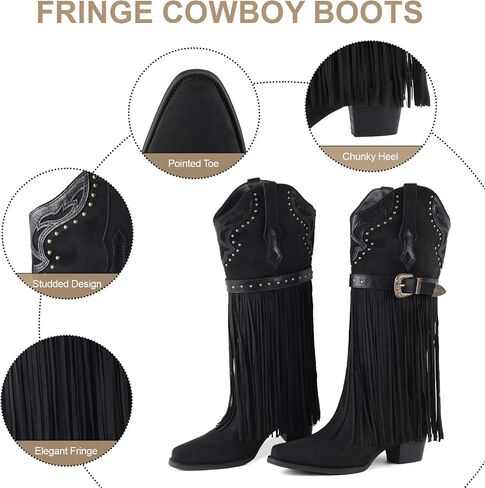 Fancyqueen Fringe Cowboy Boots for Women Wide Calf ، Fashion مدببة إصبع القدم بأحذية Cowgirl Womens Western Boot ، كعب مكتنزة ، مطرزة in Saudi Arabia