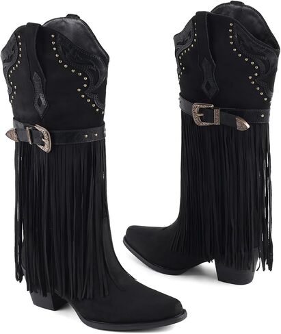 Fancyqueen Fringe Cowboy Boots for Women Wide Calf ، Fashion مدببة إصبع القدم بأحذية Cowgirl Womens Western Boot ، كعب مكتنزة ، مطرزة in Saudi Arabia
