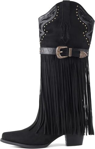 Fancyqueen Fringe Cowboy Boots for Women Wide Calf ، Fashion مدببة إصبع القدم بأحذية Cowgirl Womens Western Boot ، كعب مكتنزة ، مطرزة in Saudi Arabia