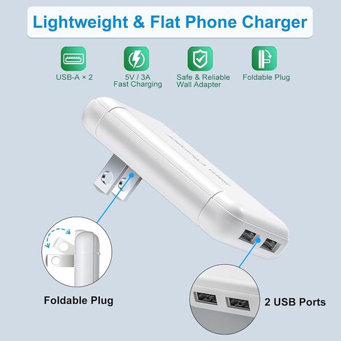 Flat USB Wall Charger, OKRAY Extra-Slim&Foldable 2 USB-A Port Charger Block in Kuwait