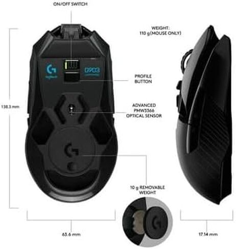 ماوس الألعاب اللاسلكي Logitech G903 LIGHTSPEED مع مستشعر Hero 25K، متوافق مع PowerPlay، عمر بطارية أكثر من 140 ساعة وLightsync RGB، يمكن استخدامه بكلتا اليدين، 107G+10G اختياري، 25600 نقطة في البوصة، أسود (متجدد) in Saudi Arabia