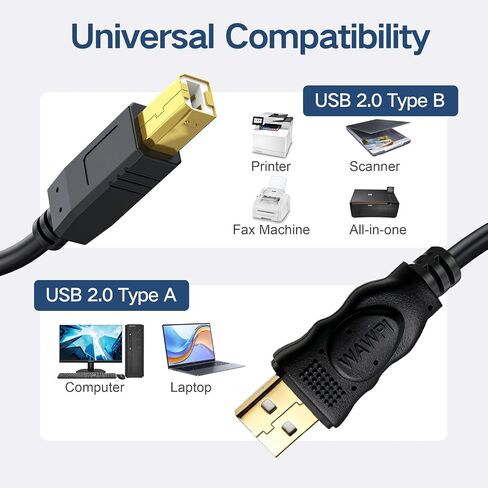 wawpi USB 2.0 Cable - A-Male to B-Male -Printer/Scanner 10 Feet (3 Meters) in Kuwait