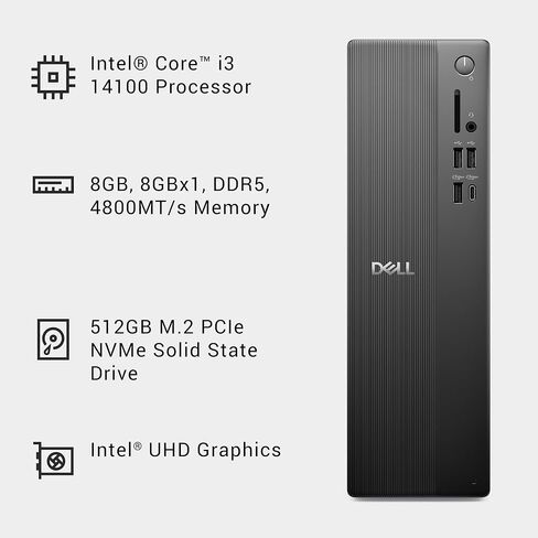 كمبيوتر مكتبي Dell Slim DS1265 AMD - معالج AMD Ryzen™ 5 150، وAMD Radeon™ 660M، وذاكرة DDR5 16 جيجابايت بسرعة 4800MT/s، و512 جيجابايت M.2 SSD، ولوحة مفاتيح وماوس سلكيين من Dell، ونظام التشغيل Windows Home 11، والخدمة الأساسية في الموقع. in Kuwait