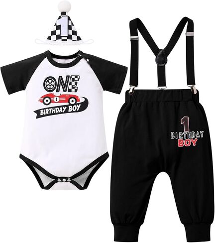 AWIBMK Race Car 1st Birthday Boy Cake Smash Outfit Driver Racer Theme Romper Suspender Shorts Hat Photo Shoot Outfits in Saudi Arabia