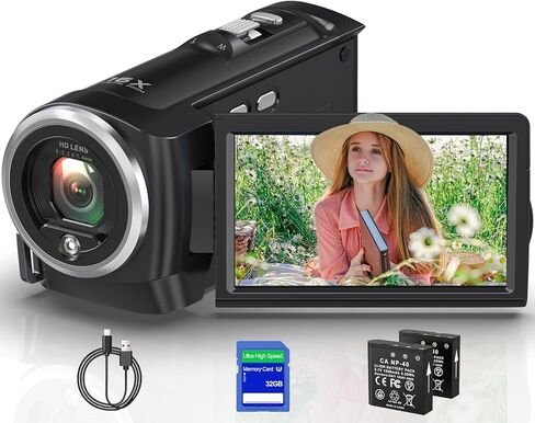 2.7K QHD Video Camera Camcorder 16X Digital Zoom Camcorders 50MP YouTube Vlogging Camera with Webcam 270 Degree Rotation Screen 32G SD Card and Recording While Charging in Saudi Arabia