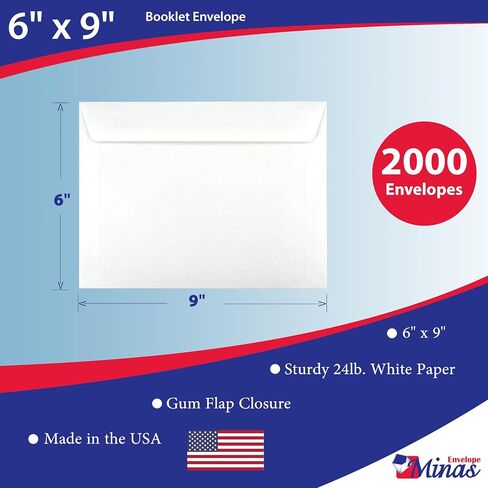 500 Minas Envelope 6" x 9" Booklet Envelopes (Open Side), Sturdy 24lb. White, Strong Gum Flap, 500/Box in Kuwait