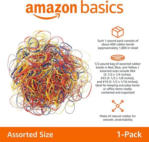 أربطة مطاطية من Amazon Basics بأحجام وألوان متنوعة، مستلزمات مكتبية مرنة قوية قابلة للتمدد، 0.5 رطل. تشكيلة متنوعة in Kuwait