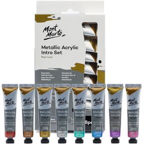 Mont Marte Premium Metallic Acrylic Paint Set, 8 x 1.02oz (36ml) Tubes, 8 Colors, Suitable for Most Surfaces Including Canvas, Card, Paper and Wood