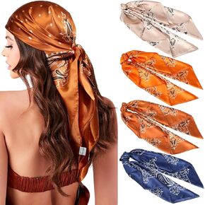 AWAYTR 35" Large Silk Hair Scarf for Women - 4Pcs Satin Head Scarf Square Hair Bandanas Floral Wild Rag Sleeping Head Wraps