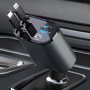 MYGHSX Retractable Car Charger, 4 in 1 Fast Cell Phone Automobile Chargers, with 2.7ft Retractable Cables and 2 USB Ports, Compatible with iPhone15/14/13 Pro Max, Galaxy S23/ S22 Phones Charging