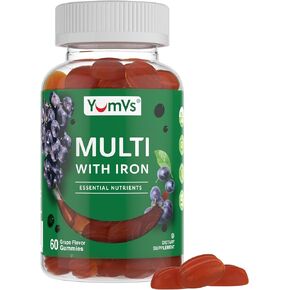 YumVs Multivitamin Gummies with Iron - Grape Flavor - Vegetarian Kosher Multi Vitamins for Adults with Vitamin A C B6 B12 Biotin Zinc - No Calcium - Mens/Womens Multivitamin with Iron Gummy (60 Count)