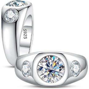 CannyCat Bezel Set Moissanite Rings for Men Women 3cttw 3-Stone Moissanite Engagement Anniversary Promise Ring Center 2ct with side 0.5ct VVS D color Lab Created Diamond Platinum Plated Silver Wide Band