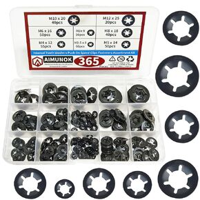 AIMUNOK 365PCS Internal Tooth Starlock Washers, 8 Sizes Push On Speed Clips Fasteners Assortment Kit, 65 Mn Steel Black Oxide Finish Star Lock Washers.