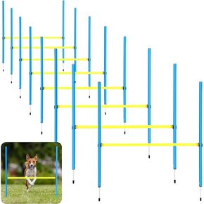 8 Set Dog Agility Bar Jump Adjustable Dog Agility Hurdle Training Equipment Portable Jumper Hurdle Park Indoor Outdoor Exercise Tool(Blue and Yellow)