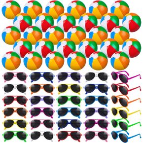 Aodaer 30 Pieces Kids Neon Sunglasses Bulk and 30 Pieces Inflatable Beach Balls 8-12 Inches for Beach Pool Party Favors Rainbow Inflatable Swimming Pool Balls for Water Games Toys Summer Supplies