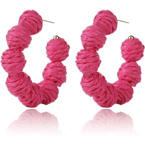 ATIMIGO Boho Raffia Hoop Earrings Handmade Rattan Beaded Statement Dangle Earrings Lightweight Bohemian Straw Wicker Drop Earrings for Women Teen Girls Summer Beach Jewelry