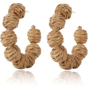 ATIMIGO Boho Raffia Hoop Earrings Handmade Rattan Beaded Statement Dangle Earrings Lightweight Bohemian Straw Wicker Drop Earrings for Women Teen Girls Summer Beach Jewelry