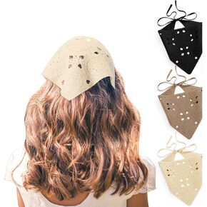 Velmitten 3 Pcs Crochet Bandana Headscarf Hair Scarf Headbands for Women Girls Knitted Head Kerchief, Black Beige Khaki