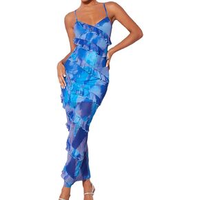 Milumia Women's Tie Dye Ruffle Trim Backless Long Cami Dress Elegant Sleeveless Bodycon Maxi Dresses