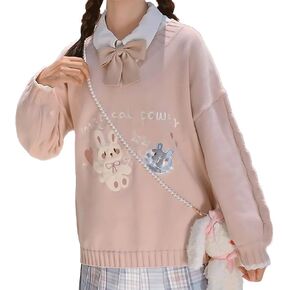 RILGOU Women Harajuku Kawaii Gothic Fashion V-Neck Casual Knitted Cute Embroidery Bunny Patterned Pullover Sweater