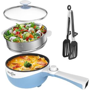 Audecook Hot Pot Electric with Steamer, 1.7L Mini Electric Skillet Portable Nonstick Sauté Pan with Power Adjustment, Rapid Ramen Cooker Travel Multicooker for Steak/Soup/Egg/Oatmeal/Noodles(Blue） in Kuwait