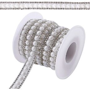 GORGECRAFT 4 Yards 10mm Rhinestone Trim Applique 2 Rows Crystal Beaded Chain White Pearl Banding Diamond Inlaid Fringe Rhinetones Trim for Crafts Clothing Bridal Embellishments Christmas