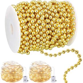 6mm/40ft String of Pearls with Fairy Lights, Pearl Garland String Pearl Strands Trim, Faux Pearl Beads Ribbon Decorations for Flowers Wedding Party Christmas Tree(Ivory)