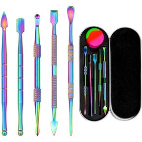 6 Pieces Wax Carving Tool Set, Double-Ended Carving Tool Stainless Steel Wax Sculpting Tools with 5ml Silicone Container Jar and Portable Metal Case for Wax Oil Clay Pottery, Rainbow Color