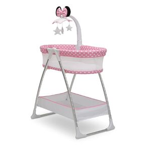 Delta Children – Disney Minnie Mouse Bassinet with Rotating Mobile Arm, Vibration, Nightlight and Music, White/Pink