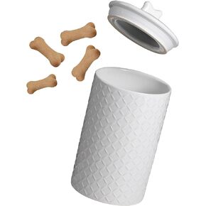 BIRDROCK HOME Large Dog Treat Container Jar | 9" x 5" | 7 Cups | Airtight Seal | Bone Handle Lid | Durable Ceramic Canister | White