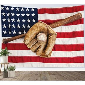 HVEST Sport Tapestry Baseball Glove and Bat Wall Hanging American Flag Wall Tapestry for Bedroom Living Room Dorm Party Wall Decor (48X36)