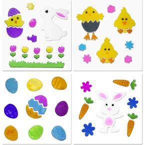 4Pcs Easter Window Clings for Glass Windows, Easter Decorative Gel Window Clings for Kids, Colorful Printed Easter Stickers with Bunny Carrot Egg Chick Flowers Clear Stickers, Removable Holiday Decals